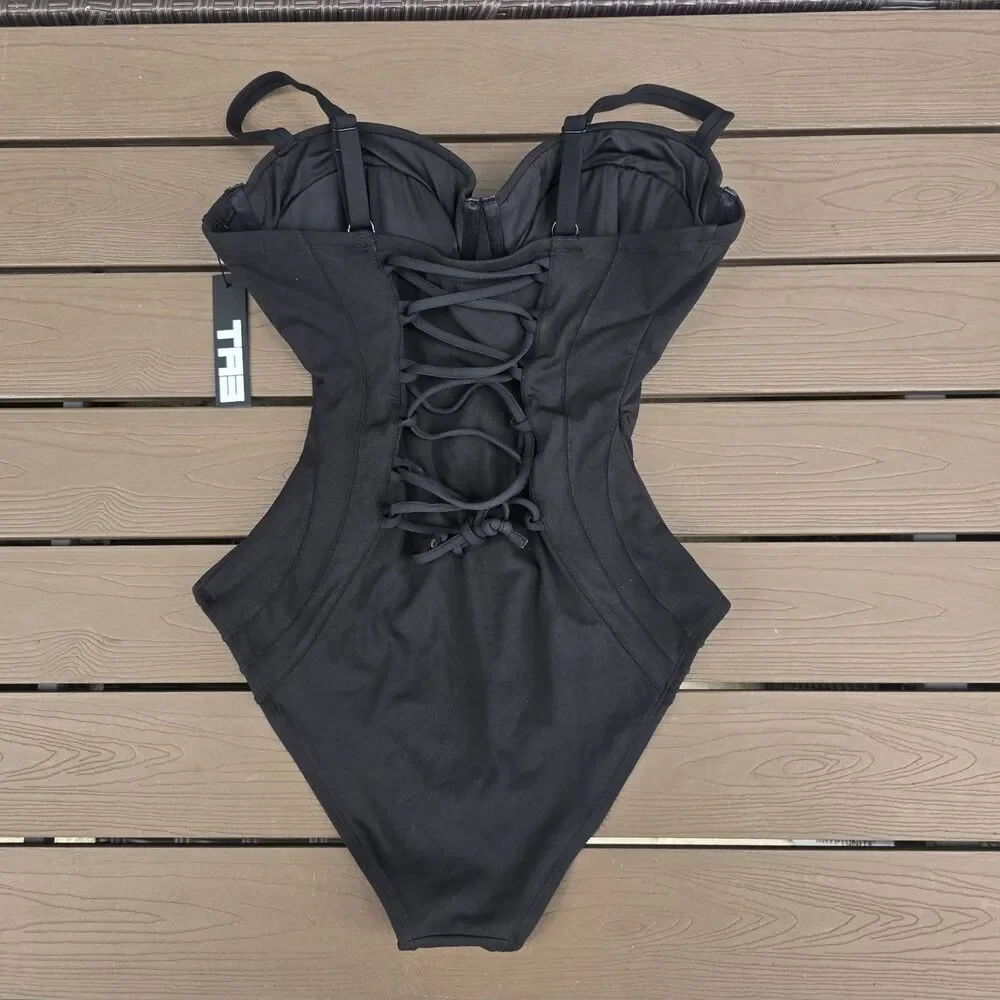 TA3 Solid Black Lushy 1 Piece F/G cup Swim body sculpt Sz L reg/long New