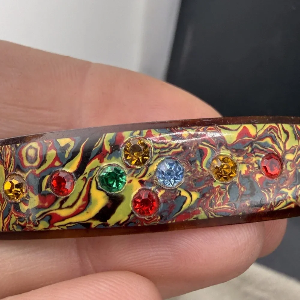 Vintage Rhinestone‎ Hair Barrette Swirl Rainbow Lucite