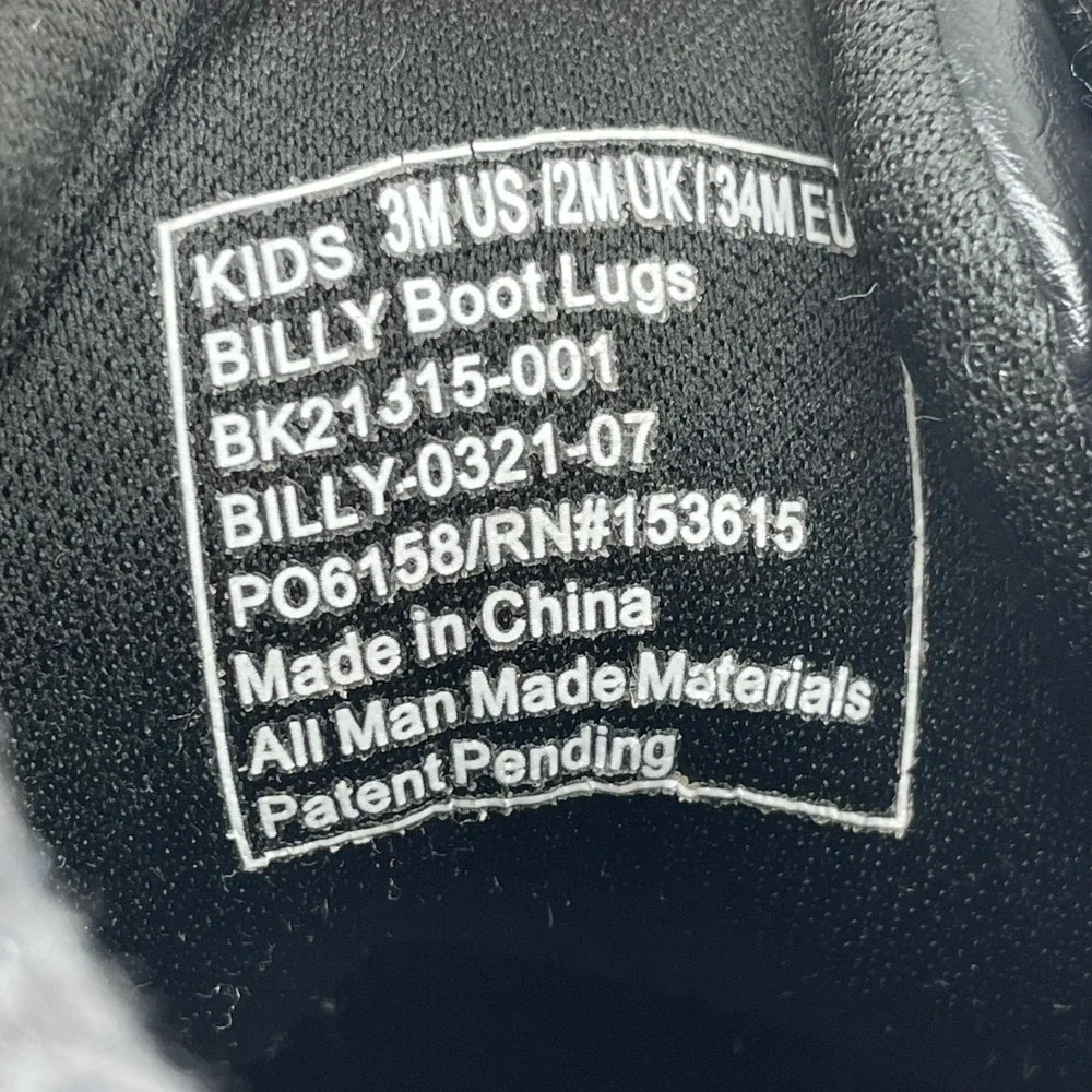 Billy Footwear Kids Boot Lugs Black High Top Zip Up Boots BK21315-001 Size 3M