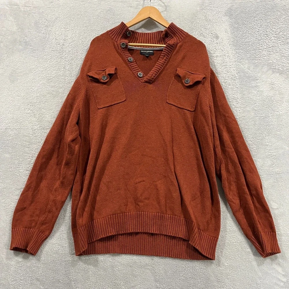 Banana Republic Sweater Mens XL Academia Preppy Orange Button Mock Neck Knit‎