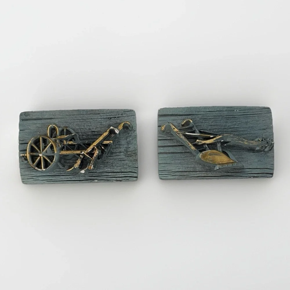 Vintage 3D Farm Equipment Wall Plaques Set of 2 Rustic Plow & Drill Decor